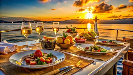 Fototapeta premium Delicious Dinner Cruise: Sunset Yacht Food Photography