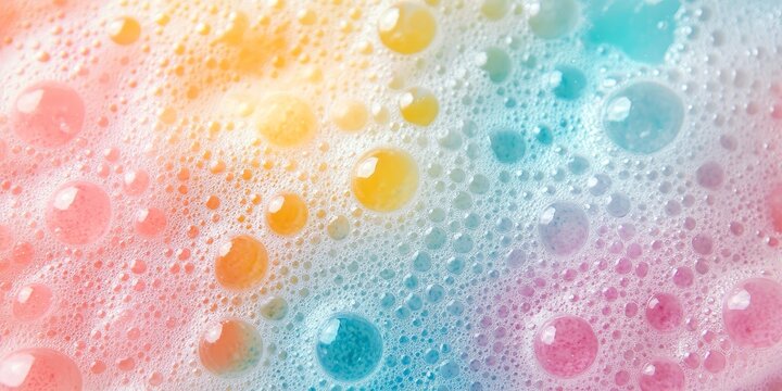 Close up of vibrant bath bomb foam bubbles, showcasing an array of colors in a soothing background. The playful bath bomb foam creates a visually appealing scene perfect for relaxation.