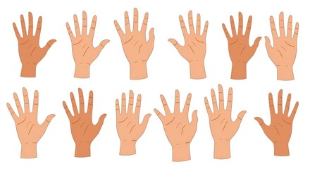 Obraz premium Diverse Hand Gestures Collection Illustration Featuring Open Hands in Various Skin Tones for Multicultural Representation and Design Projects