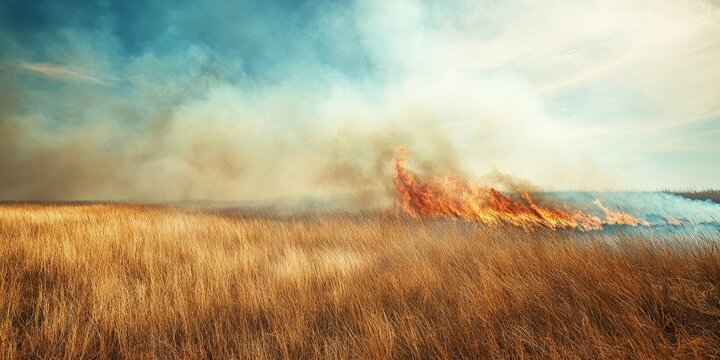 Grassfire ignites in a dry grass meadow, driven by arid climate change and hot weather, creating a smoke plume that highlights environmental impact and pollution associated with grassfires.