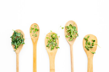 Different kind of microgreens in wooden spoons, top view