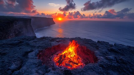 Fototapeta premium Campfire on the Volcanic Rim with Glowing Lava in the Distance Adventure and Concept