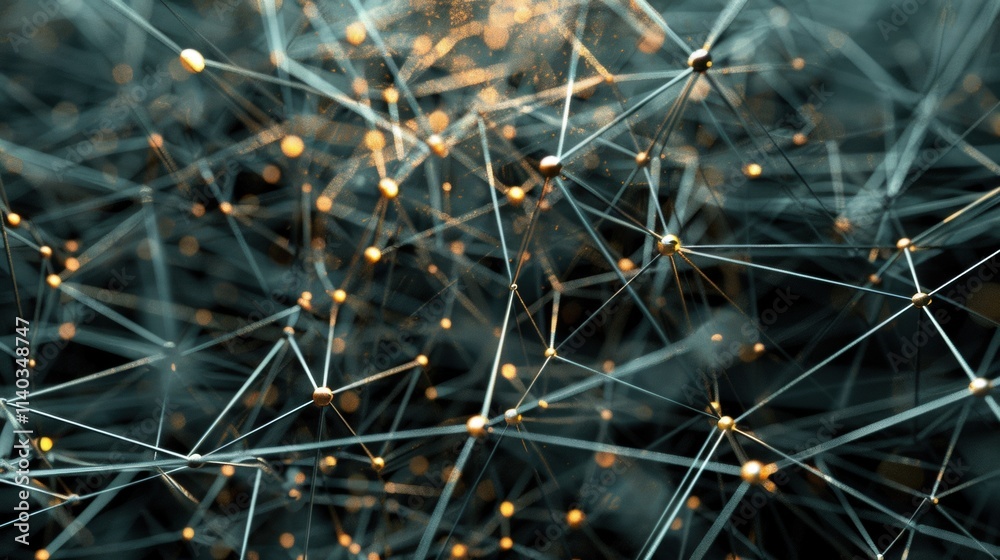 Poster golden nodes interconnected by a complex network of lines symbolize the intricate web of big data, h