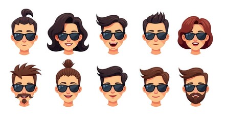 Cool Cartoon Avatars with Sunglasses - Illustration Set Featuring 10 Diverse Hairstyles and Accessories in a Stylish Collection