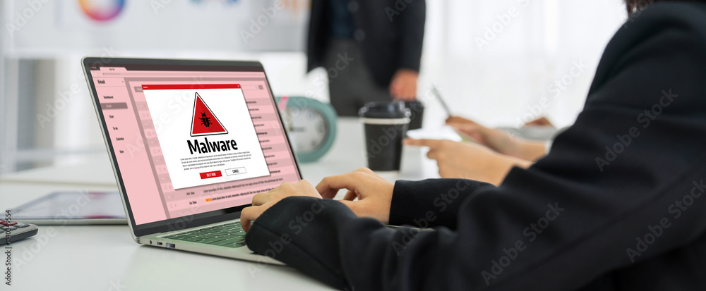 Poster cyber attacking concept. malware alert showing on computer screen display scam and threat detection 