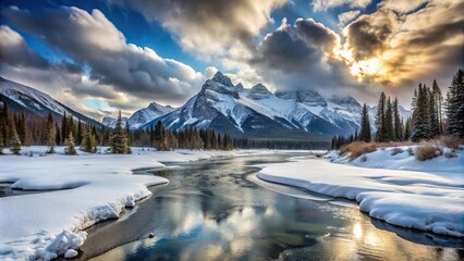 Snow-covered mountain landscape with frozen river and cloudy sky from low angle view