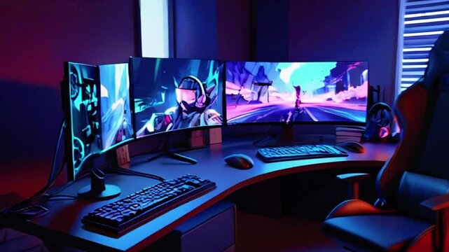 gaming setup with a large curved monitor, a keyboard, a mouse, and a headset, stream starting soon screen, overlay loop, animated virtual backgrounds, cozy lo-fi living room, you tuber asset twitch