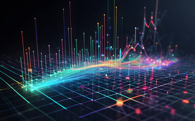 A holographic graph, floating and glowing with dynamic data points and colorful connecting lines