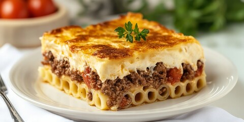 Delicious Greek Pastitsio featuring layers of pasta, seasoned ground lamb, savory tomatoes, and rich bechamel sauce, all finished with melted cheese on a pristine white plate.