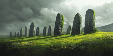 Menhirs stand majestically on a lush green meadow, creating an impressive alignment of menhirs beneath a dramatic gray sky, showcasing the fascinating allure of menhirs in a serene landscape.