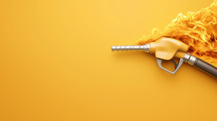 Oil comes out of the fuel dispenser concept. Fuel nozzle with flames on bright yellow background, symbolizing energy