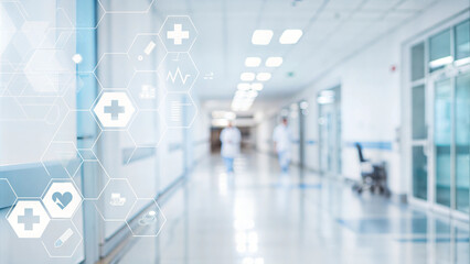Bright hospital corridor with digital healthcare icons overlay