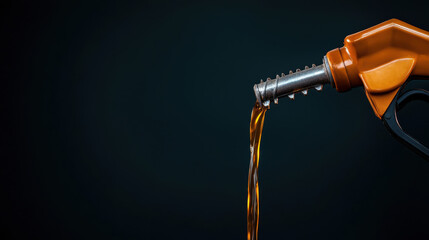 Oil comes out of the fuel dispenser concept. Fuel dispenser pouring liquid fuel into dark background, showcasing energy