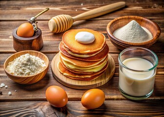 Fototapeta premium Delicious Pancake Ingredients: Flour, Eggs, Milk, Butter, Sugar - Easy Recipe