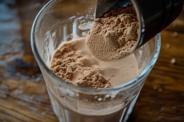 Scooping protein powder into a glass to prepare a drink