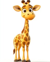 Obraz premium a realistic cartoon illustration of a curious giraffe standing tall, its neck slightly bent and looking forward, vivid yellow and brown patches, isolated on white.
