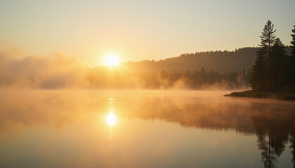 Obraz premium Golden dawn breaks over tranquil waters, painting the sky and mist in warm hues of orange and gold