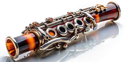 Obraz premium Boehm system clarinet elegantly captured in low light against a stark white.
