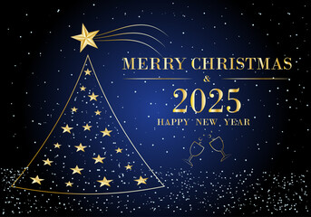 Felicitación navideña del 2025 con fondo degradado azul y negro, el árbol de Navidad, estrellas, copos de nieve y texto en dorado