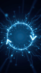 A dynamic graphic illustration featuring a circular design with blue energy or data flow, representing continuous integration/continuous delivery (CI/CD) processes and DevOps concepts.