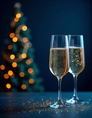 Two sparkling glasses of champagne sit elegantly against a backdrop of a decorated Christmas tree, capturing the spirit of celebration during the festive season with golden glimmers. Generative AI