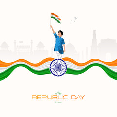 Happy Republic Day with Boy and Indian Flag. Republic Day Poster, 26 January.