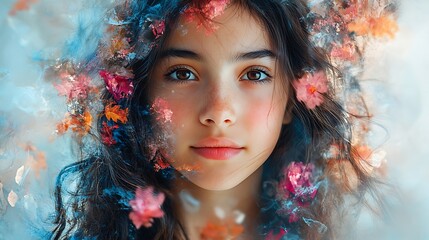 Girl Surrounded By Colorful Flowers And Abstract Art