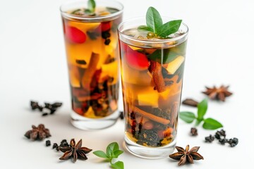 Fototapeta premium Selection of high quality black red and green teas ginseng oolong tea and brewed tea in a cup Tea variety in the store White backdrop