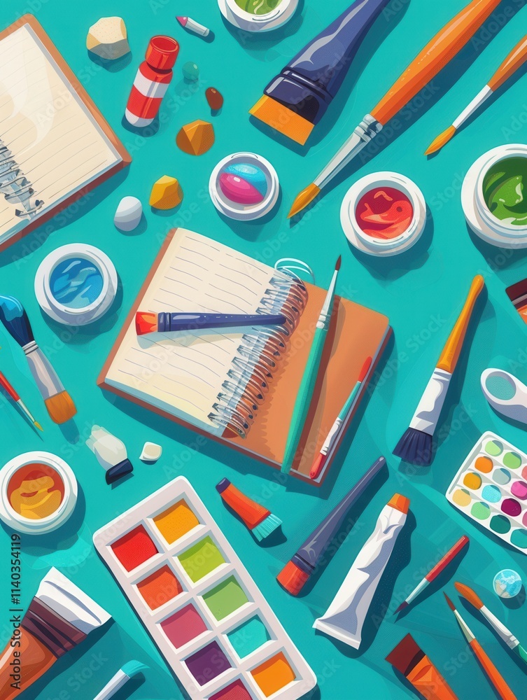 Leinwandbilder creative workspace filled with brushes paints and sketchbooks for artistic expression and projects. 
