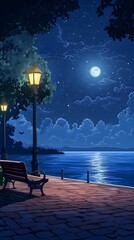 A bench on the seaside promenade, brick floor with streetlights, a cartoon-style night sky, moonlight shining in the distance