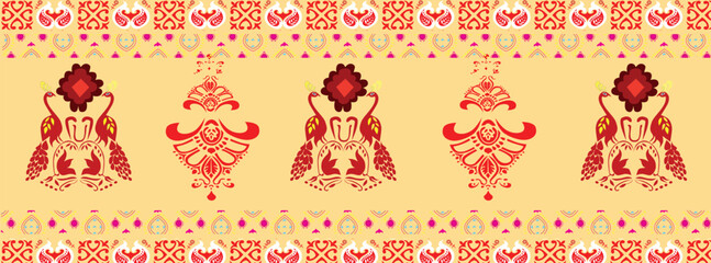 tribal pattern ( Assamese pattern ) of northeast India which is used for textile design in Assam Gamosa , muga silk or other traditional dress. similar to Ukrainian pattern or Russian pattern.