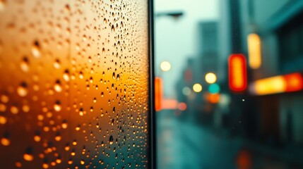 Obraz premium Glistening Water Droplets on a Rainy Window with Soft Lighting
