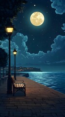A bench on the seaside promenade, brick floor with streetlights, a cartoon-style night sky, moonlight shining in the distance