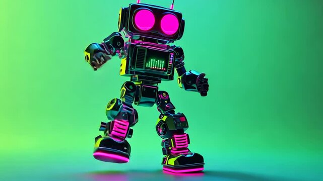 3D Animated Robot Dances with Neon Lights on Green Background