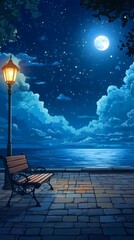 A bench on the seaside promenade, brick floor with streetlights, a cartoon-style night sky, moonlight shining in the distance