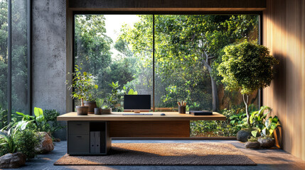 Bright workspace features a large window with lush greenery outside, showcasing a modern desk with plants, computer, and minimal decor for a serene atmosphere