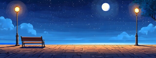 A bench on the seaside promenade, brick floor with streetlights, a cartoon-style night sky, moonlight shining in the distance