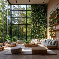 Fototapeta premium A serene living area showcases expansive windows that invite nature inside, complemented by lush greenery and warm wood accents creating a peaceful atmosphere