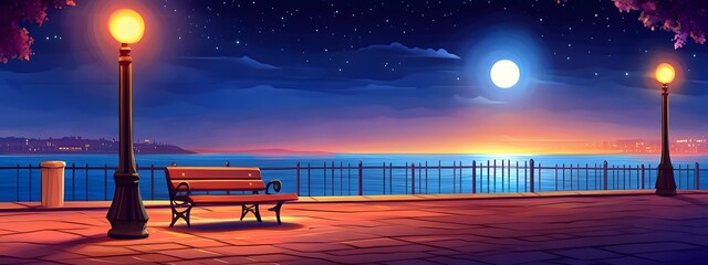 A bench on the seaside promenade, brick floor with streetlights, a cartoon-style night sky, moonlight shining in the distance