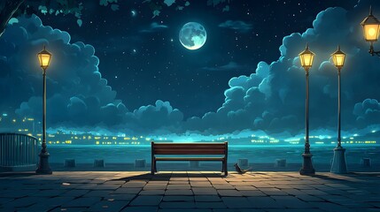 A bench on the seaside promenade, brick floor with streetlights, a cartoon-style night sky, moonlight shining in the distance
