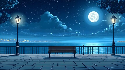 A bench on the seaside promenade, brick floor with streetlights, a cartoon-style night sky, moonlight shining in the distance