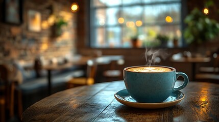 Warm Coffee Cup on Wooden Table in a Cozy Cafe Interior