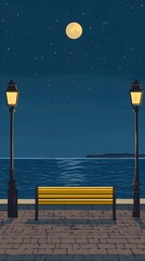 A bench on the seaside promenade, brick floor with streetlights, a cartoon-style night sky, moonlight shining in the distance