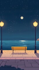 A bench on the seaside promenade, brick floor with streetlights, a cartoon-style night sky, moonlight shining in the distance