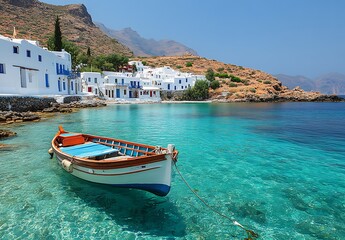 Obraz premium Tranquil Greek Island Village Seascape With Boat