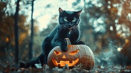 Naklejka premium enchanting black cat with glowing green eyes on a pumpkin: perfect poster for halloween home decor or spooky sporting events!