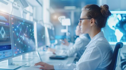 A focused scientist analyzes data on multiple screens in a high-tech lab, showcasing innovation and research in a digital environment.