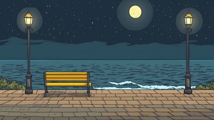 A bench on the seaside promenade, brick floor with streetlights, a cartoon-style night sky, moonlight shining in the distance