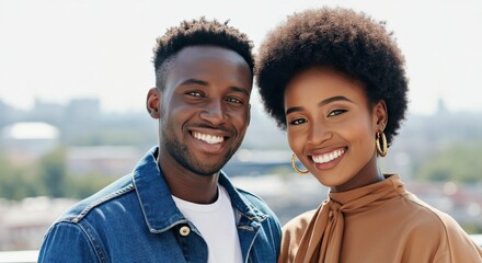 Joyful african descent couple smiling outdoors in urban setting