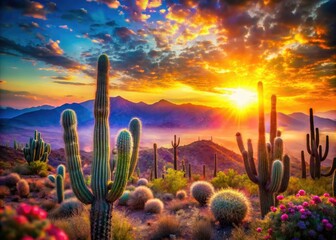 Bokeh mountains frame a colorful sunset, silhouetting desert cacti in a nature photography illustration.